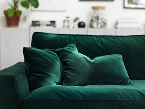 dark green velvet sofa with matching cushions from Blue Homeware Department at The Loft in Bath